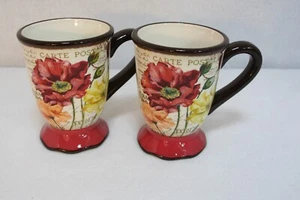 Pier 1 Imports Earthenware Le Fleur Poppies Dessert Coffee Tea Mugs Cups Set-2 - Picture 1 of 5