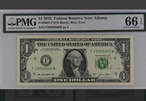 $1 2013 Atlanta Binary Five of a Kind Fancy Serial lucky 9s 66 MPG F19999968M - Picture 1 of 2