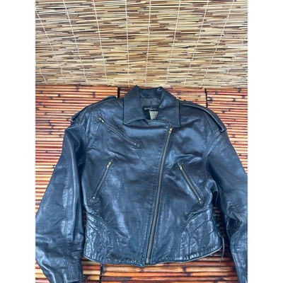 Chaqueta de motociclista Michael Hoban negra de manga larga con cremallera completa de cuero talla 8 para mujer Foto 1 de 4