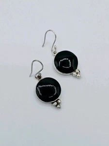 Mexiko Taxco 925 Sterling Silber Ohrringe schwarzer Onyx rund Hänger Ohrhänger Schmuck - Bild 1 von 6
