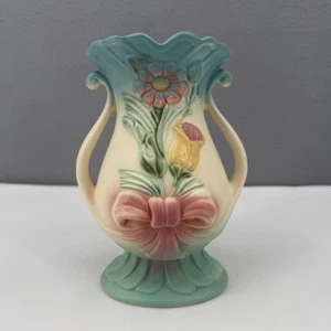 Vintage Rumpf Kunstkeramik Schleife Knoten große Vase B-7 8 1/2" USA Blumen rosa blau - Bild 1 von 16