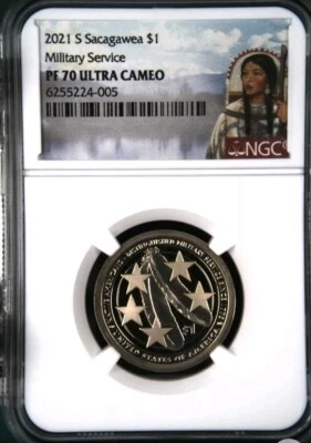 2021 S Sacagawea Dollar $1 Military Service  NGC PF70 Ultra Cameo Bx81 - Image 1 of 2