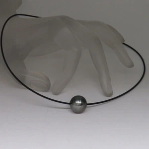 Halsreif Collier mit Ø 14,0 mm Tahiti-Perle Stahl Kordel geschwärzt 45 cm - Picture 1 of 4