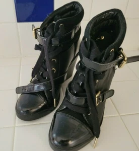 Michael Kors Black Patent Leather 8" Booties Buckles & Tie Wedge Heel Size 6M - Picture 1 of 5