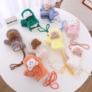 Kawaii Baby 3D Bear Tether Hanging Neck Fleece Warm Children Gloves Full-finger - Picture 1 of 14