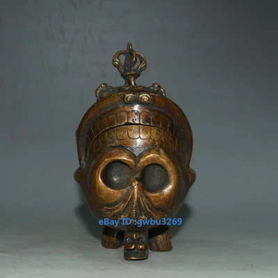 Quemador de incienso budismo calavera tallada a mano de latón antiguo asiático chino 21238 Foto 1 de 4