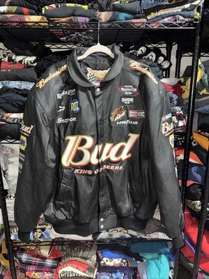 Vintage 90s Jeff Hamilton Budweiser NASCAR Leather Jacket Size Xxl - Image 1 of 4