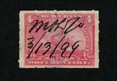 US Revenue 1898 R166 Battleship Documentary Tax Stamp 4c Thins Cut Cancel VF - Image 1 of 2