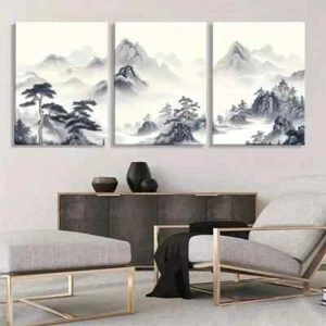 3pcs Misty Mountain Landscape and Pine Perfect Wall Art Canvas Framed 50x70cm - Picture 1 of 3