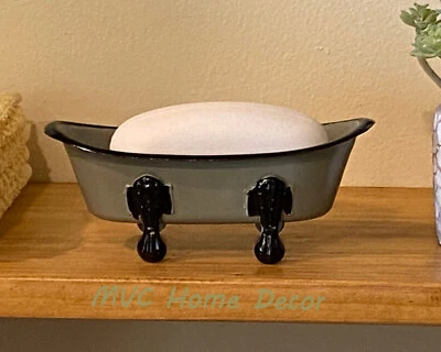 Bathtub Soap Dish Vtg Style Clawfoot Bath Tub Primitive Country Gray Black Trim - Image 1 of 4