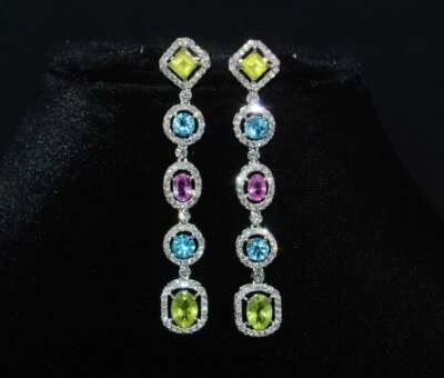 Classic Peridot, Aquamarine, White CZ & Ruby 12.00 TCW Dangle Long Fine Earrings - Image 1 of 4