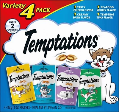 Paquete de 4 golosinas clásicas para gatos TEMPTATIONS, paquete de variedad de sabor clásico de 3 oz comida para gatos Foto 1 de 4