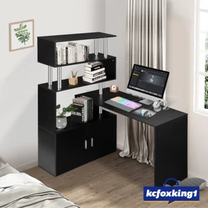 120cm Computer Desk with 3 Shelves and Cabinet Home Office Furniture Black - Picture 1 of 12