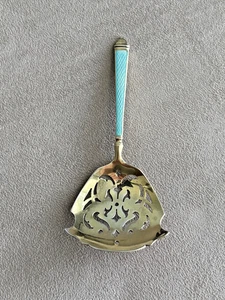 Vintage Watson Sterling Silver Blue Guilloche Enamel Nut, Bon-Bon Spoon Gold W - Picture 1 of 4