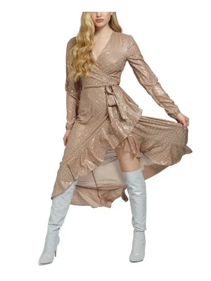 Vestido envolvente midi de noche GUESS beige forrado con corbata manga larga para mujer S Foto 1 de 4