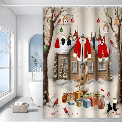 1PC Woodland Bunny Christmas Shower Curtain with Gifts and Santa Outfit Decor - Image 1 of 4