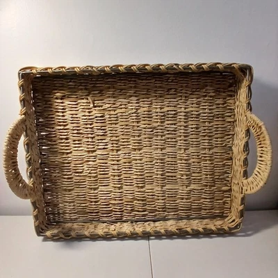 Crate & Barrel Rectangle Rattan Wicker & Metal Serving Basket Casserole Handles - Image 1 of 4