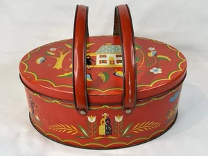 Vintage Pennsylvania Dutch Folk Art Double Swing Handle Oval Sewing Tin - Picture 1 of 23