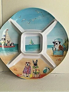 Melamin Hunde genießen Strandszenen 16"D Chip Dip Serviertablett Platte geteilt - Bild 1 von 11