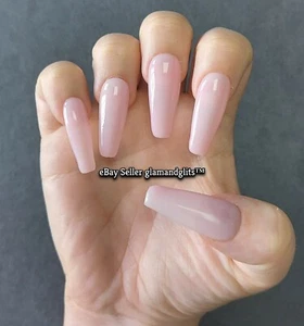 24 False Nails Jelly Pink Gel Painted Press On Nails Coffin Stiletto Square - Picture 1 of 1