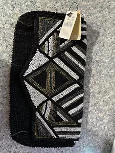 Express Clutch Seed Bead Black White Design Satin Lined Evening Purse EUC - Picture 1 of 5