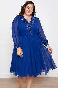 Ursula of Switzerland Blue Chiffon Sequined Lined Overlap V Neck Dress Size 16 - Picture 1 of 9
