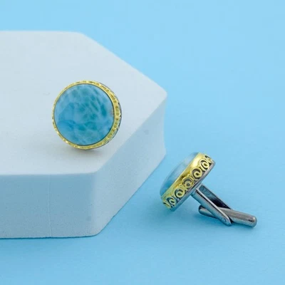 Gemelos para hombre enchapados en oro de plata de ley 925 joyería de piedras preciosas dominicanas Larimar Foto 1 de 4