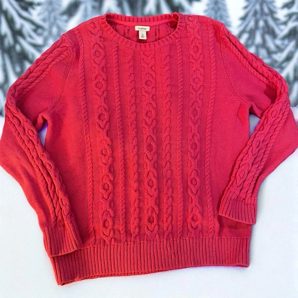 L.L. Bean Women's Pink Cable Knit Sweater Size XL Reg 100% Cotton - Image 1 of 4