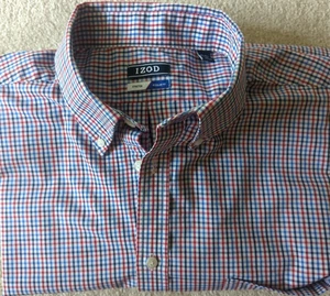 IZOD Reg Fit Stretch Red White Blue Check Long Sleeve 16-16.5 32/34 Collar Shirt - Picture 1 of 8