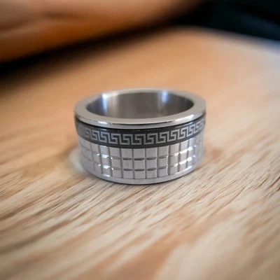 SteelTime Stainless Steel Men's Greek Key Spinner Ring Size 9 - Image 1 of 4
