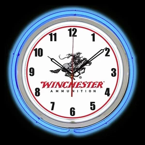 15" Winchester Ammunition Sign Blue Double Neon Clock Man Cave Ammo - Picture 1 of 2
