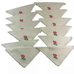 Vintage Lot 12 White Cotton Napkins Cross Stitch Pink Flower Fringe 7" Square - Picture 1 of 5