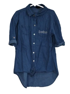 BEBE Girls Blue Button-up Blouse Roll-Tab Sleeve Pockets Asymmetrical Medium - Picture 1 of 8
