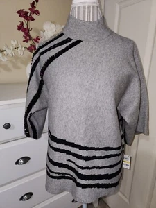 Alfani Gray Mock Neck Kimono Sleeve Sweater  w/ Black Stripes & Sequence Sz.M - Picture 1 of 19