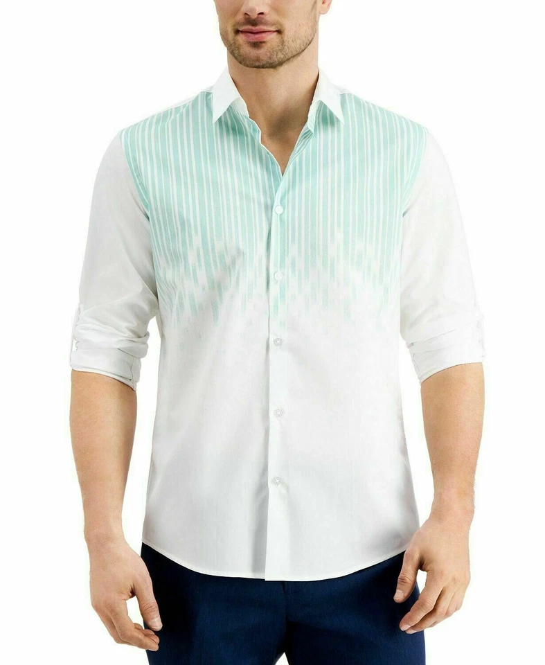 Camisa ALFANI Verde Rayas Goteo Manga Larga 100% Algodón Botón Frontal NUEVA XL Foto 1 de 1