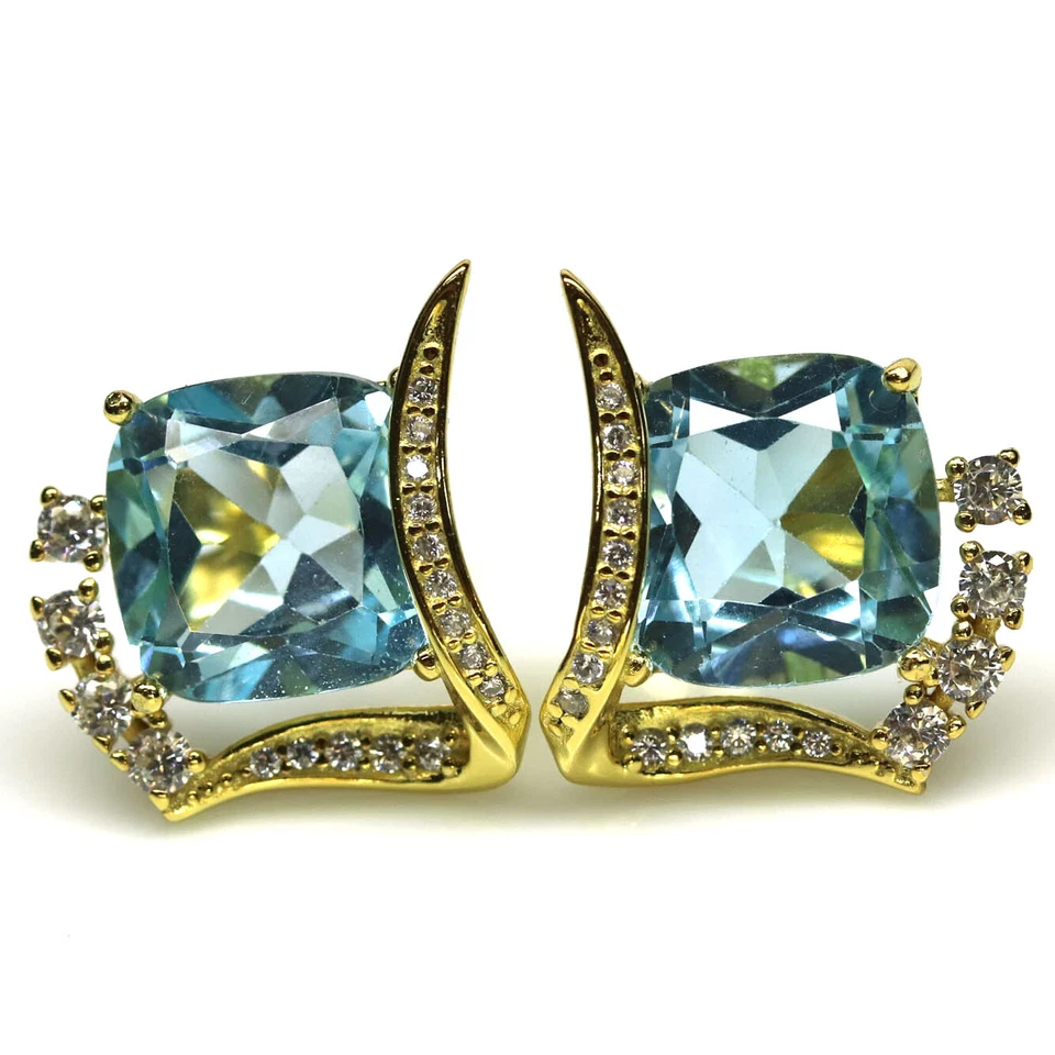 925 Sterling Silver 11 x 11 mm. Sky Blue Topaz & White Zircon Earrings - Image 1 of 4