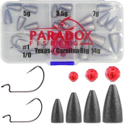 Paradox Fishing Carolina Rig Set/Texas Rig Set 3,5g-14g mit Offset Haken  - Bild 1 von 4