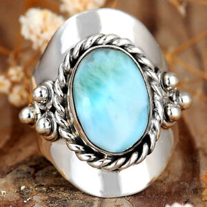 Larimar Ring Sterling Silver Boho Blue Stone Statement Handmade Gem Size 7 6 8 9