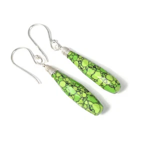 925 Solid Sterling Silver Cut Green Turquoise Drop Hook Earring -2 Inch d804 - Picture 1 of 4