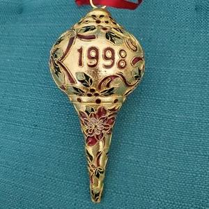 Dillards Trimmings 1998 CHRISTMAS CLOISONNÉ GOLD RED ORNAMENT FLOWERS 7” - Picture 1 of 5