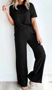 Black Solid Color T Shirt 2pcs Wide Leg Pants Set - Picture 1 of 1