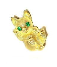 Henry Dunay Designer 18k Yellow Gold Cat Animal Brooch with Emerald Eyes 12.3g