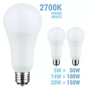 2 Pack Satco LED 120V 3-Way 5W/14W/20W =50W/100W/150W A21 E26d 2700K Warm White - Picture 1 of 11