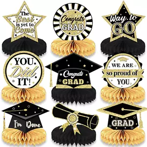 9-Piece Graduation 2024 Honeycomb Centerpieces, Black & Gold Desktop Decoration - Picture 1 of 12