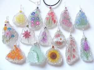 Sea glass Hand Painted FLOWER necklaces - Wildflowers gardening gift art floral
