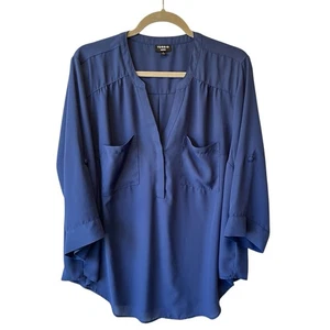 Camicia Torrid Harper 1 1X blu scollo a V 3/4 maniche a linguetta a rotolo tasche top donna - Foto 1 di 8