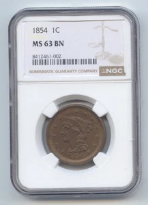 1854 Braided Hair Large Cent, NGC MS-63 BN, Brown - Picture 1 of 2