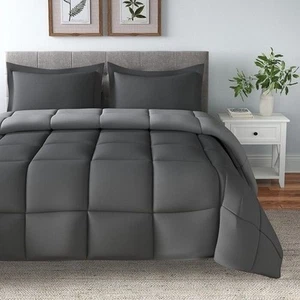 Full/Queen Traditional Microfiber Reversible 3 Piece Comforter Set in Grey - Picture 1 of 3