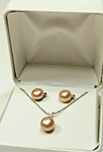 A2) Beautiful Cultured Pearl & Diamond Necklace & Earring in Sterling - Boxed - Picture 1 of 7
