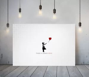 BANKSY THERE IS HOPE- DEEP FRAMED CANVAS WALL ART GRAFFITI PRINT- WHITE RED - Picture 1 of 17